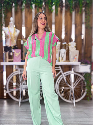 Blusa rayas verde y rosa
