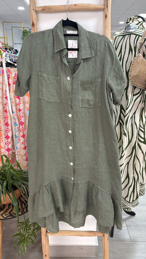 Vestido camisero lino caqui