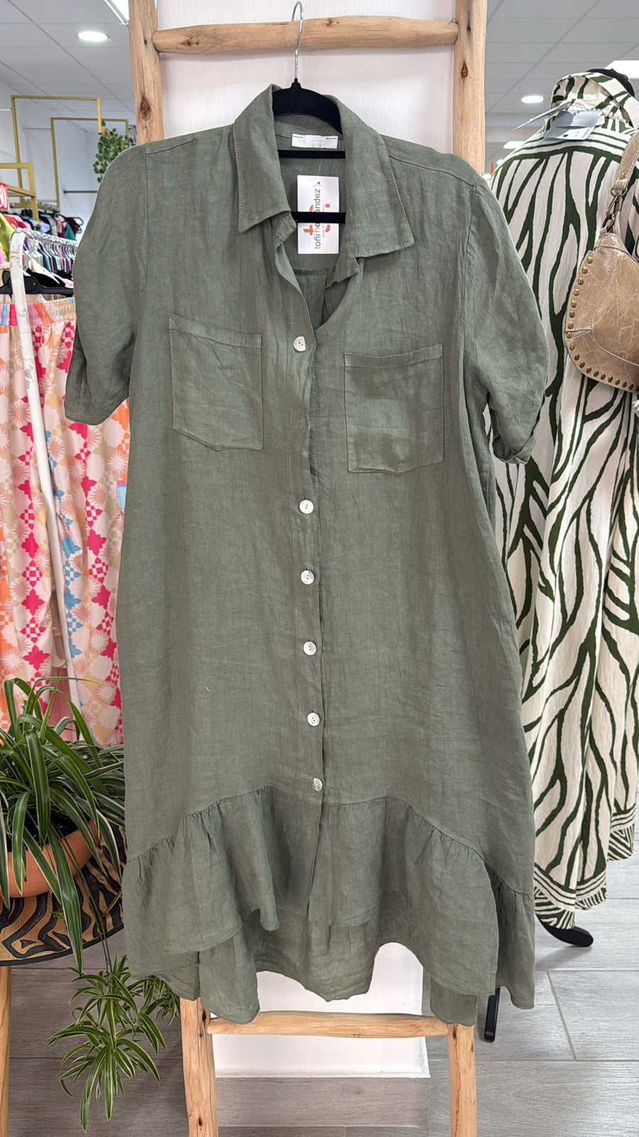 Vestido camisero lino caqui