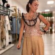 Cargar imagen en el visor de la galería, Blusa camel flor con volantes y lazo negro
