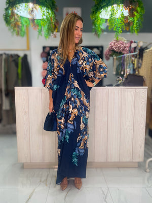 Vestido Caftán Floral - azul vista frontal
