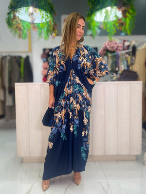 Vestido Caftán Floral - azul vista completa