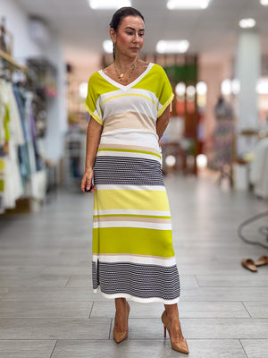 Vestido de punto rayas lima, beige, blanco y negro