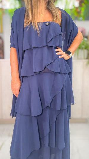 Vestido Volantes Capas azul - detalle de volantes